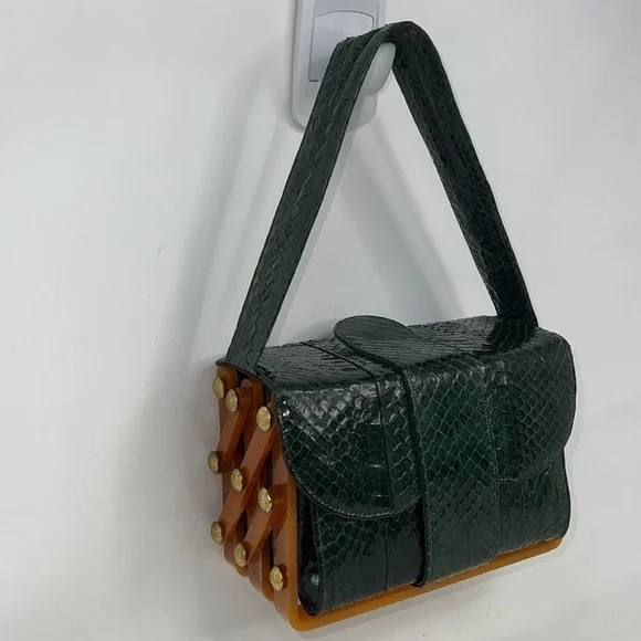 Emerald Green Snakeskin and Caramel Bakelite Geometric Tiered Handbag - Picture 3 of 16
